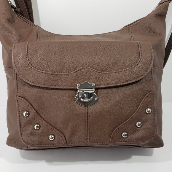 ROMA LEATHERS Concealed Carry Brown Leather Silver Studs Moto Cross Body - Picture 5 of 11